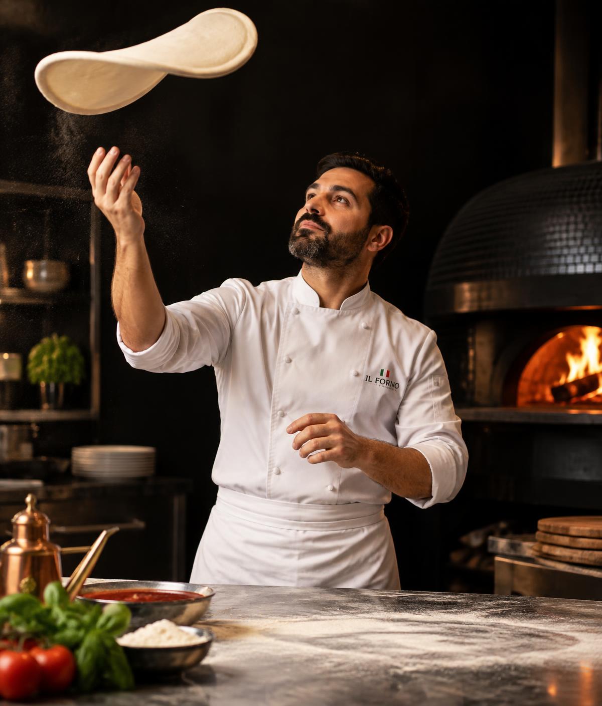 Chef pizzaiolo de la Villa del Parco travaillant la pâte